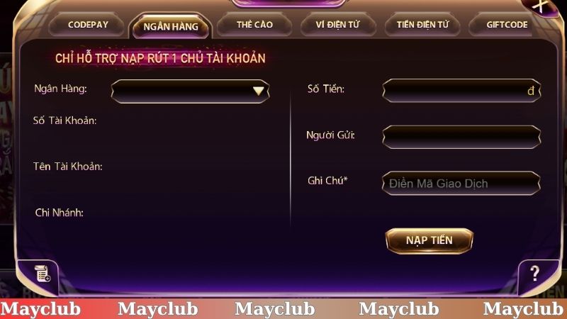 Người chơi thao tác nạp tiền Mayclub an toàn