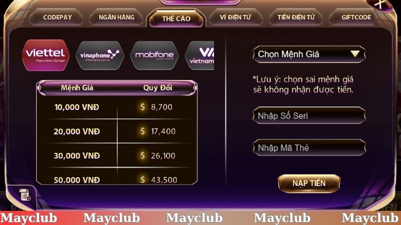 Nạp rút tiền Mayclub